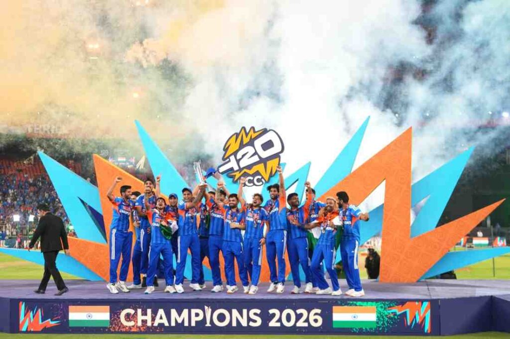 India lifting T20 World Cup 2026 trophy